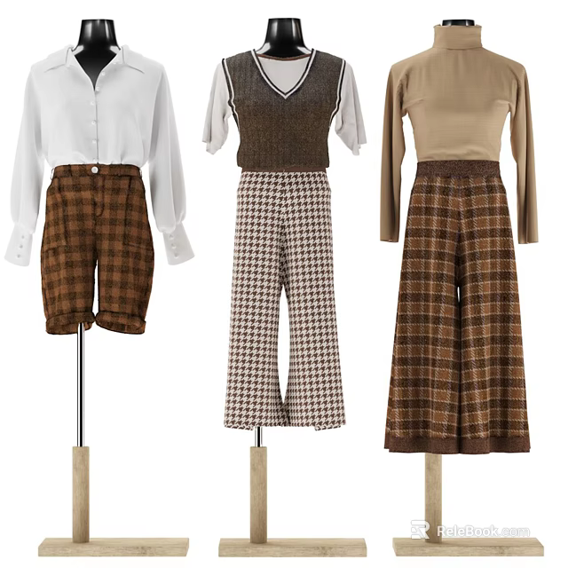 Models Wearing Plaid Shirts Vests Tops With Shorts Pants Wide Leg Styles 3d model 