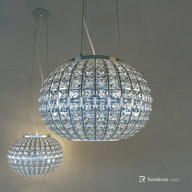 Two Spherical Crystal Chandeliers Hanging With Sparkling Beads On Gray Wall Background 3d model 