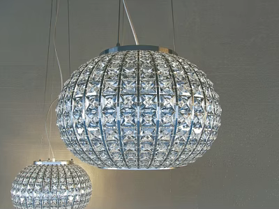Two Spherical Crystal Chandeliers Hanging With Sparkling Beads On Gray Wall Background 3d model