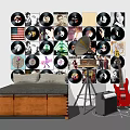 Vintage Vinyl Records Wall Decor Featuring Gramophone Red Guitar and Sofa Bed
