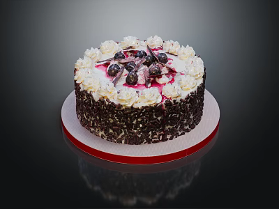 Delicious Chocolate Cake Topped With Whipped Cream Fresh Cherries And Chocolate Shavings On Red Plate 3d model