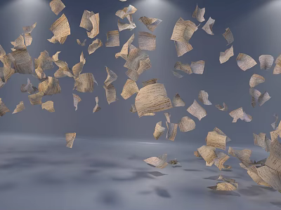 Flying Paper Fragments Scattered In Gray Background With Soft Lighting 3d model
