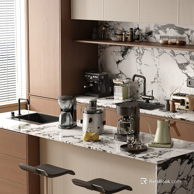 Modern Kitchen Interior With Marble Countertop Wooden Cabinets And Appliances Like Coffee Machine Toaster Kettle 3d model 