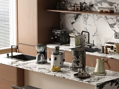 Modern Kitchen Interior With Marble Countertop Wooden Cabinets And Appliances Like Coffee Machine Toaster Kettle 3d model