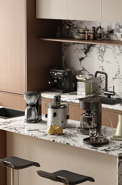 Modern Kitchen Interior With Marble Countertop Wooden Cabinets And Appliances Like Coffee Machine Toaster Kettle 3d model