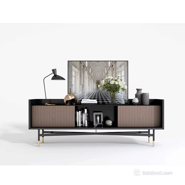 Modern Wooden Sideboard with Storage and Decorative Items Flowers Lamp Books 3d model 