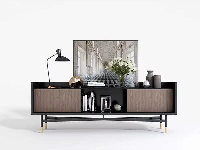Modern Wooden Sideboard with Storage and Decorative Items Flowers Lamp Books 3d model
