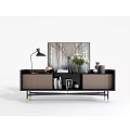 Modern Wooden Sideboard with Storage and Decorative Items Flowers Lamp Books