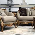 Beige Sofa Coffee Table Set With Golden Frame Decorative Pillows And Side Table Lamps