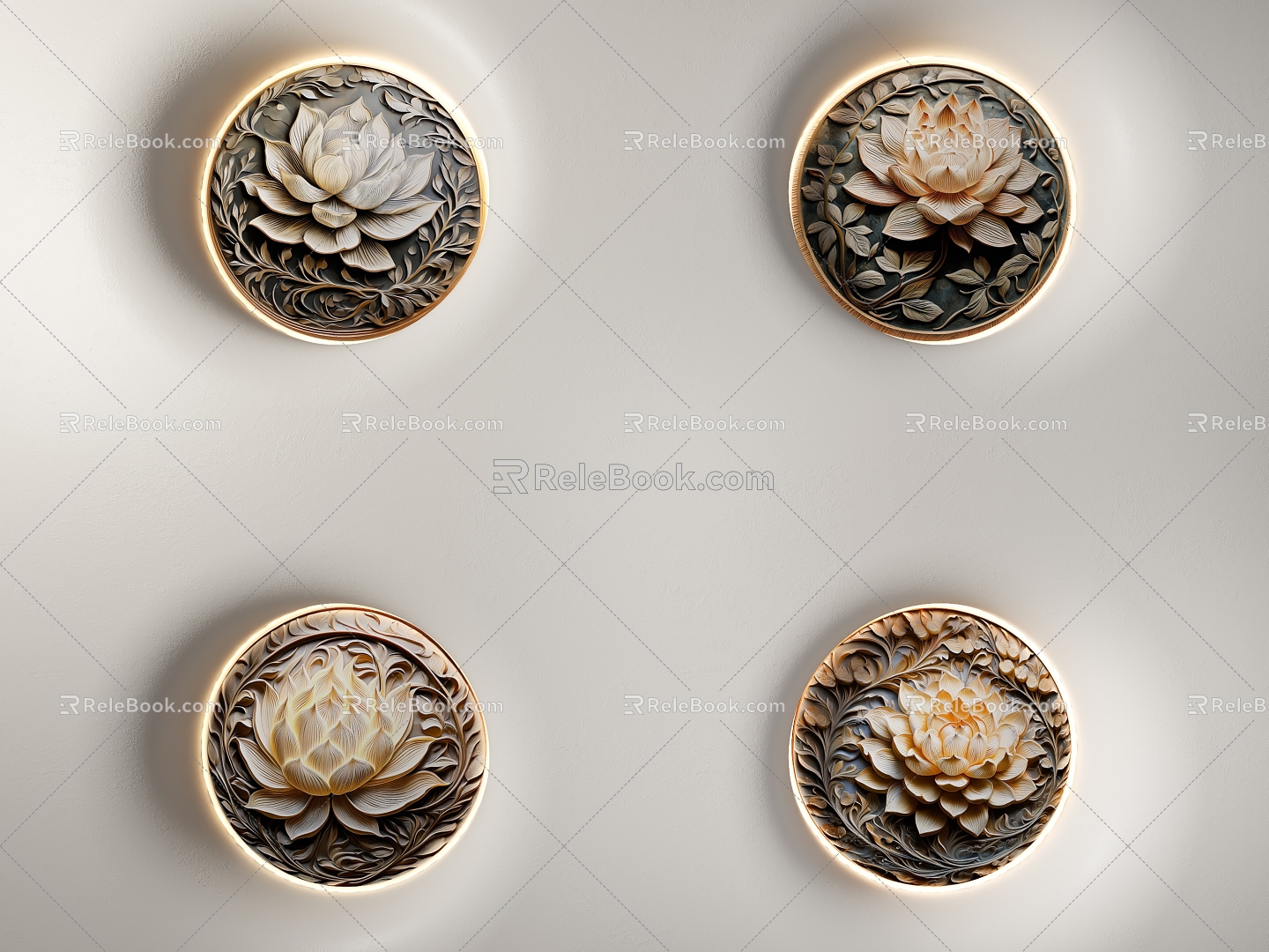 New Chinese-style Lotus Wall Decorations Pendant Round Lotus Mural 3d model