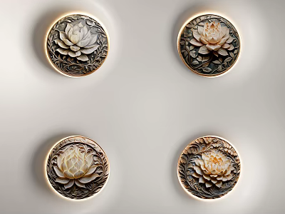 Elegant Circular Wall Decor with Intricate Lotus Patterns and Surrounding Lighting 3d model