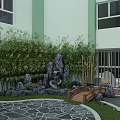 Residential Courtyard Garden Landscape With Lush Green Lawn Winding Stone Pathways Trees And Wooden Platform