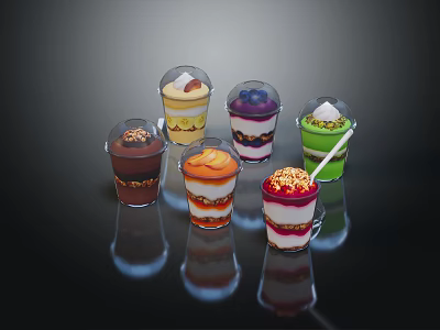 Layered Dessert Cups with Various Colors Layers and Fresh Fruits Nuts Cream Toppings 3d model