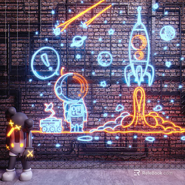 Neon Decorative Lights on Brick Wall Background with Astronaut Rocket Planets and Stars Designs 3d model 