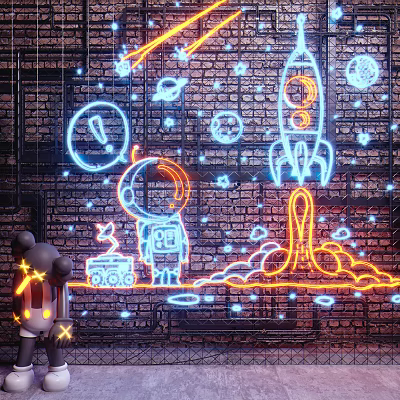 Neon Decorative Lights on Brick Wall Background with Astronaut Rocket Planets and Stars Designs 3d model