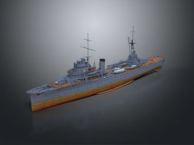 Detailed Historical Warship 3D Model with Gray Hull Orange Deck Masts and Smokestacks 3d model