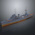 Detailed Historical Warship 3D Model with Gray Hull Orange Deck Masts and Smokestacks