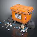 Orange Garbage Waste Bin With Scattered Trash And Black Garbage Bags