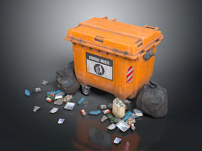 Orange Garbage Waste Bin With Scattered Trash And Black Garbage Bags 3d model