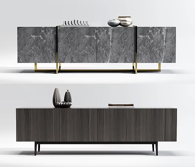 Modern TV Stands With Gray Marble Dark Wood Grain Golden Black Legs And Decorative Items 3d model