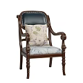 Classic Wooden Frame Dining Chair With Leather Back Armrests And Leaf Pattern Fabric Seat Cushion