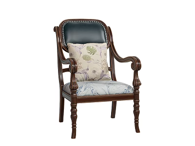 Classic Wooden Frame Dining Chair With Leather Back Armrests And Leaf Pattern Fabric Seat Cushion 3d model