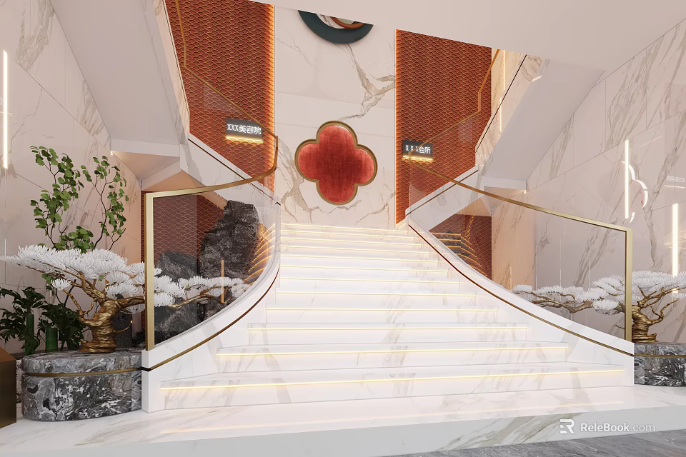 Elegant Modern Chinese Staircase With Marble Steps Golden Handrails Red Decor And Plant Accents 3d model 