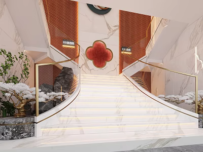 Elegant Modern Chinese Staircase With Marble Steps Golden Handrails Red Decor And Plant Accents 3d model