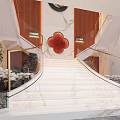 Elegant Modern Chinese Staircase With Marble Steps Golden Handrails Red Decor And Plant Accents
