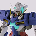 Detailed Blue and White Robot Model Featuring Large Sword With Pink Beams Behind