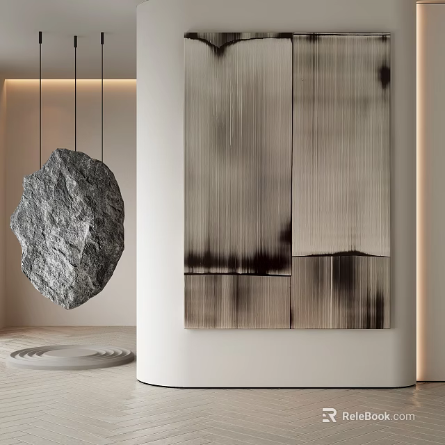 Abstract Painting On Wall With Vertical Textured Stripes And Hanging Stone In Modern Interior 3d model 