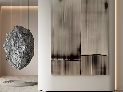 Abstract Painting On Wall With Vertical Textured Stripes And Hanging Stone In Modern Interior 3d model