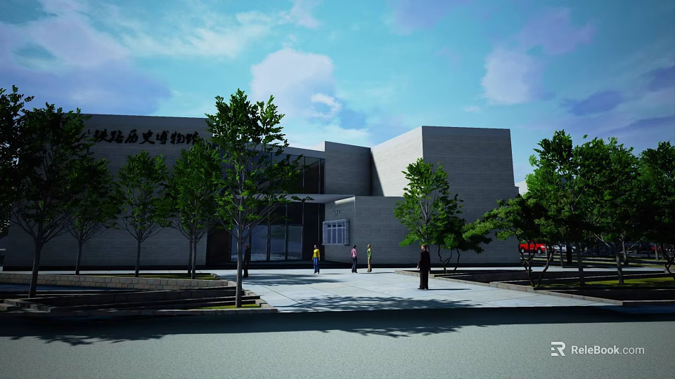 Yancheng Traffic History Museum Building Modern Architecture With Trees And Pedestrians 3d model 