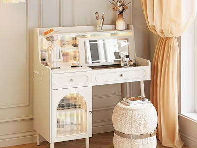 Elegant White Dressing Table With Mirror Drawers Fuzzy Stool And Decorative Items 3d model