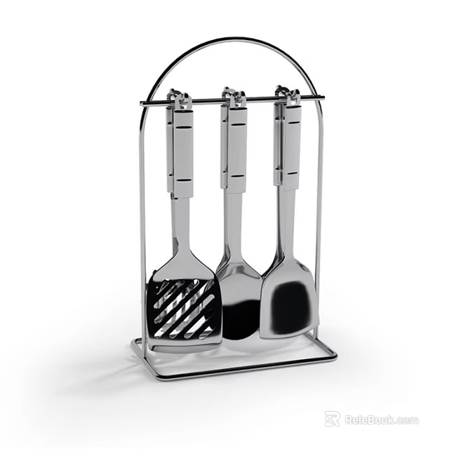 Stainless Steel Three Piece Kitchen Utensil Set with Modern Hanging Holder Stand 3d model 