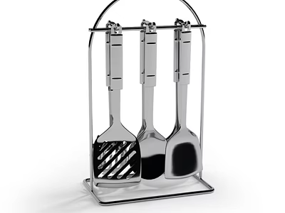 Stainless Steel Three Piece Kitchen Utensil Set with Modern Hanging Holder Stand 3d model