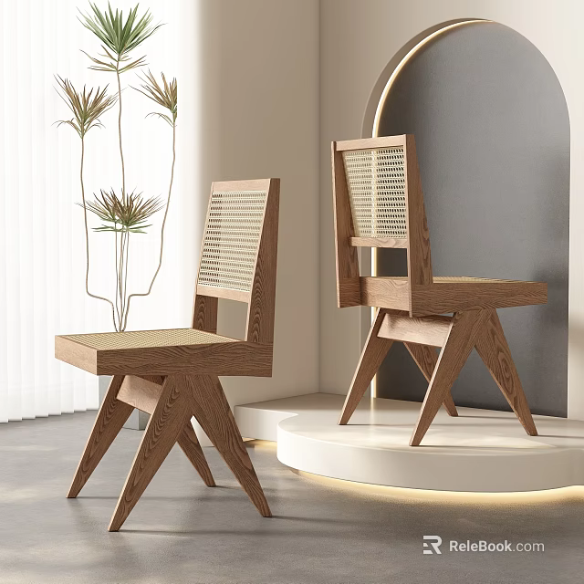 Modern Wooden Dining Chairs With Slatted Backrest And Crossed Legs In Showroom 3d model 