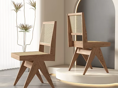 Modern Wooden Dining Chairs With Slatted Backrest And Crossed Legs In Showroom 3d model