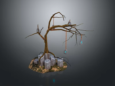 Wooden Tree Branch Ornament With Stone Cubes Base And Hanging Pendants 3d model