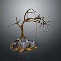 Wooden Tree Branch Ornament With Stone Cubes Base And Hanging Pendants