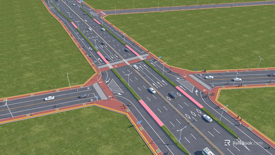 Modern Road Infrastructure With Multiple Lanes Traffic Markings And Green Grass Areas 3d model 