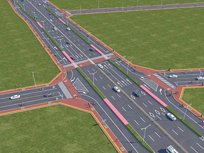 Modern Road Infrastructure With Multiple Lanes Traffic Markings And Green Grass Areas 3d model