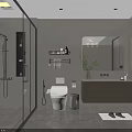 Modern Bathroom Interior With Glass Shower Toilet Wooden Vanity Mirror Stone Walls And Lighting