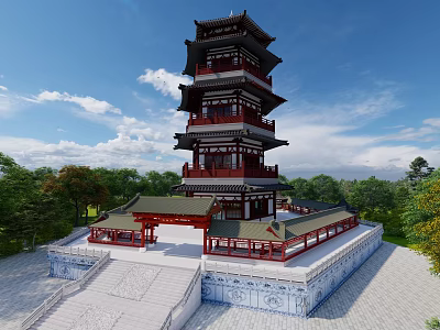 Traditional Chinese Pagoda With Red Black Architecture Surrounded By Green Trees And Blue Sky 3d model