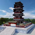 Traditional Chinese Pagoda With Red Black Architecture Surrounded By Green Trees And Blue Sky
