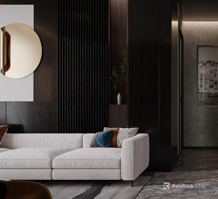 Modern Dining and Living Room Interior Design With White Sofa And Round Mirror 3d model 