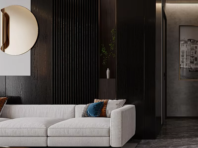 Modern Dining and Living Room Interior Design With White Sofa And Round Mirror 3d model