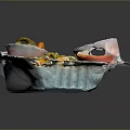 Grilled Meat In Foil Container With Cheese Vegetables And Small Plastic Sauce Cups