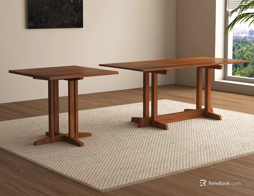 Two Wooden Dining Tables On Light Woven Rug With Window And Wall Art 3d model 