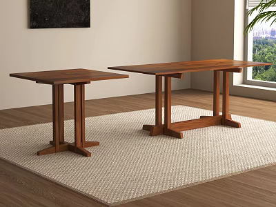 Two Wooden Dining Tables On Light Woven Rug With Window And Wall Art 3d model